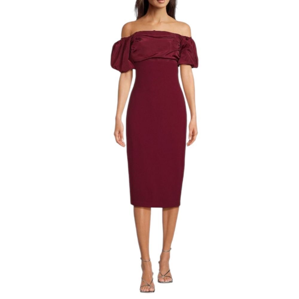 Belle Badgley Mischka Harlow Stretch Crepe Off-The-Shoulder Puffed Sleeve Dress